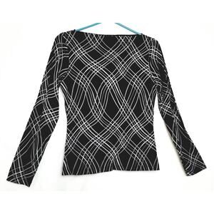 INC International Concepts Black White Abstract Top Long Sleeves Boat Neck Sz M